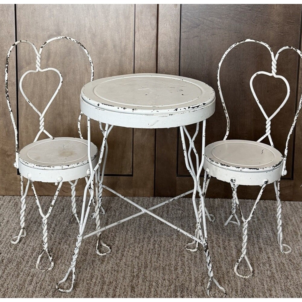 Vintage White Wrought Iron Parlor Bistro Table & Two Chairs Set For 18" Dolls